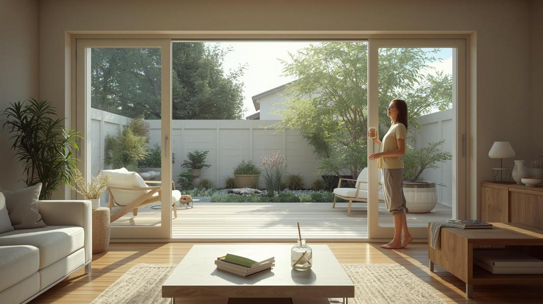 Woman enjoys fresh morning sunlight beside airy modern home patio garden peacefully.